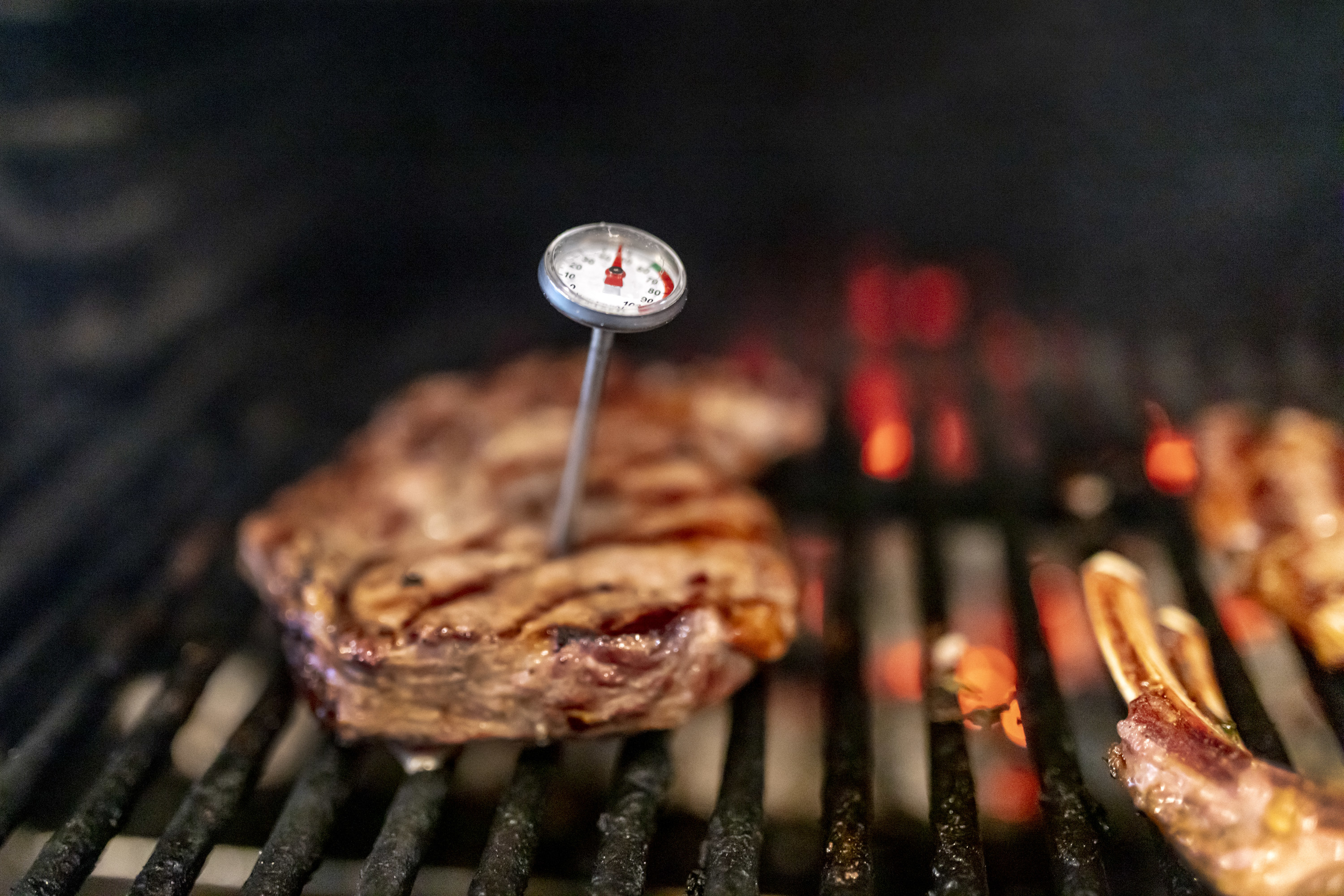 Thermometer placed in a steak